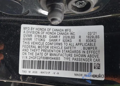 2021 Honda Civic Sport z USA, uszkodzony, nr VIN 2HGFC2F89MH544865